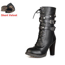 TAOFFEN Ladies shoes Women boots High heels Platform Buckle Zipper Rivets Sapatos femininos Lace up Leather boots Size 34-48