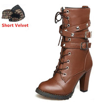 TAOFFEN Ladies shoes Women boots High heels Platform Buckle Zipper Rivets Sapatos femininos Lace up Leather boots Size 34-48
