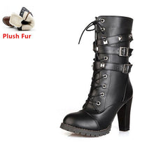 TAOFFEN Ladies shoes Women boots High heels Platform Buckle Zipper Rivets Sapatos femininos Lace up Leather boots Size 34-48