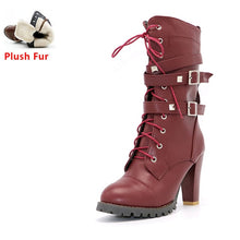 TAOFFEN Ladies shoes Women boots High heels Platform Buckle Zipper Rivets Sapatos femininos Lace up Leather boots Size 34-48