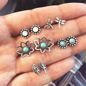 4Pairs /Set Boho Arrow Cross Moon Flower Gem Silver Earrings Set Women Punk Stud Earrings Set Personality Party Clothing Jewelry