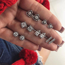 4Pairs /Set Boho Arrow Cross Moon Flower Gem Silver Earrings Set Women Punk Stud Earrings Set Personality Party Clothing Jewelry