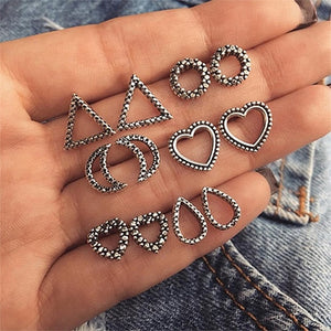 4Pairs /Set Boho Arrow Cross Moon Flower Gem Silver Earrings Set Women Punk Stud Earrings Set Personality Party Clothing Jewelry