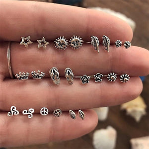 4Pairs /Set Boho Arrow Cross Moon Flower Gem Silver Earrings Set Women Punk Stud Earrings Set Personality Party Clothing Jewelry