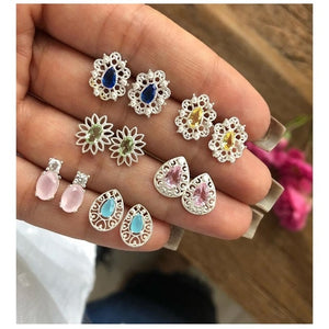 4Pairs /Set Boho Arrow Cross Moon Flower Gem Silver Earrings Set Women Punk Stud Earrings Set Personality Party Clothing Jewelry