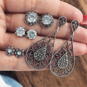 4Pairs /Set Boho Arrow Cross Moon Flower Gem Silver Earrings Set Women Punk Stud Earrings Set Personality Party Clothing Jewelry