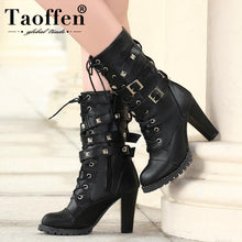 TAOFFEN Ladies shoes Women boots High heels Platform Buckle Zipper Rivets Sapatos femininos Lace up Leather boots Size 34-48