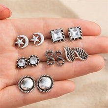 4Pairs /Set Boho Arrow Cross Moon Flower Gem Silver Earrings Set Women Punk Stud Earrings Set Personality Party Clothing Jewelry