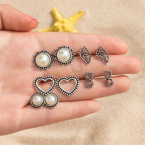 4Pairs /Set Boho Arrow Cross Moon Flower Gem Silver Earrings Set Women Punk Stud Earrings Set Personality Party Clothing Jewelry