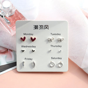 6 Pairs/set, 2019 New Earrings for Women Stars Heart Crytal Cute Earrings Fashion Jewelry Monday To Saturday 6 Pairs Earrings