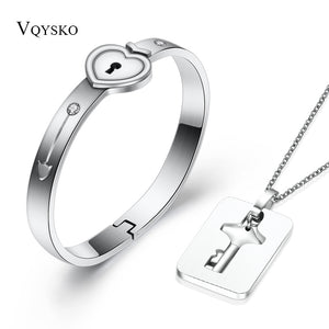 Fashion A Couple Jewelry Sets For Lovers Stainless Steel Love Heart Lock Bracelets Bangles Key Pendant Necklace Couples Set